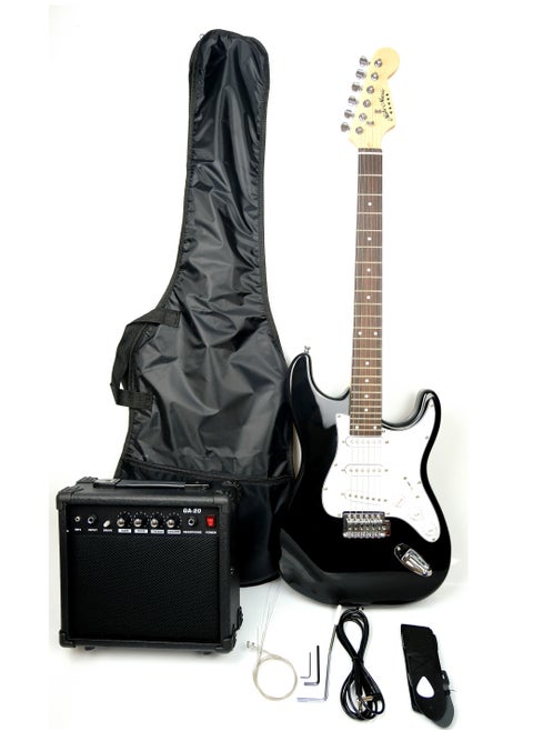 Full Size Electric Guitar Kit with 20W AMP – Black Strat Style with Gig Bag, Strap, Pick, Cable, Tremolo Arm & Extra Strings – Beginner Starter Pack (black)