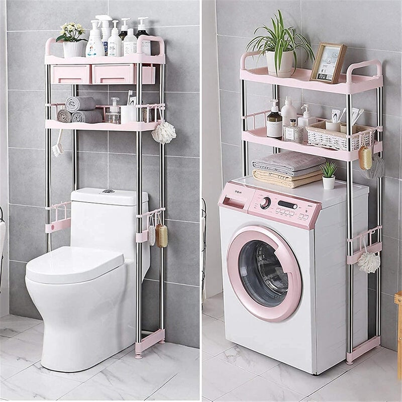 كولين رف تخزين فوق المرحاض، رف ذو طبقتين، رف غسالة، رف منظم لتوفير المساحة في الحمام، للمرحاض (الحجم: مقاس حر؛ اللون: وردي) (وردي، مقاس حر) - Image 2