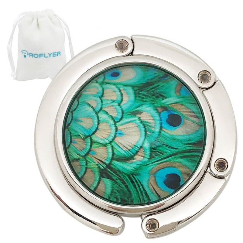 ROFLYER Cute Round Purse Hook - Foldable Handbag Hanger Safer Cleaner Bag, Fold Up Folding Table Hanger, with Velvet Pouch (Peacock Feather) - Image 1