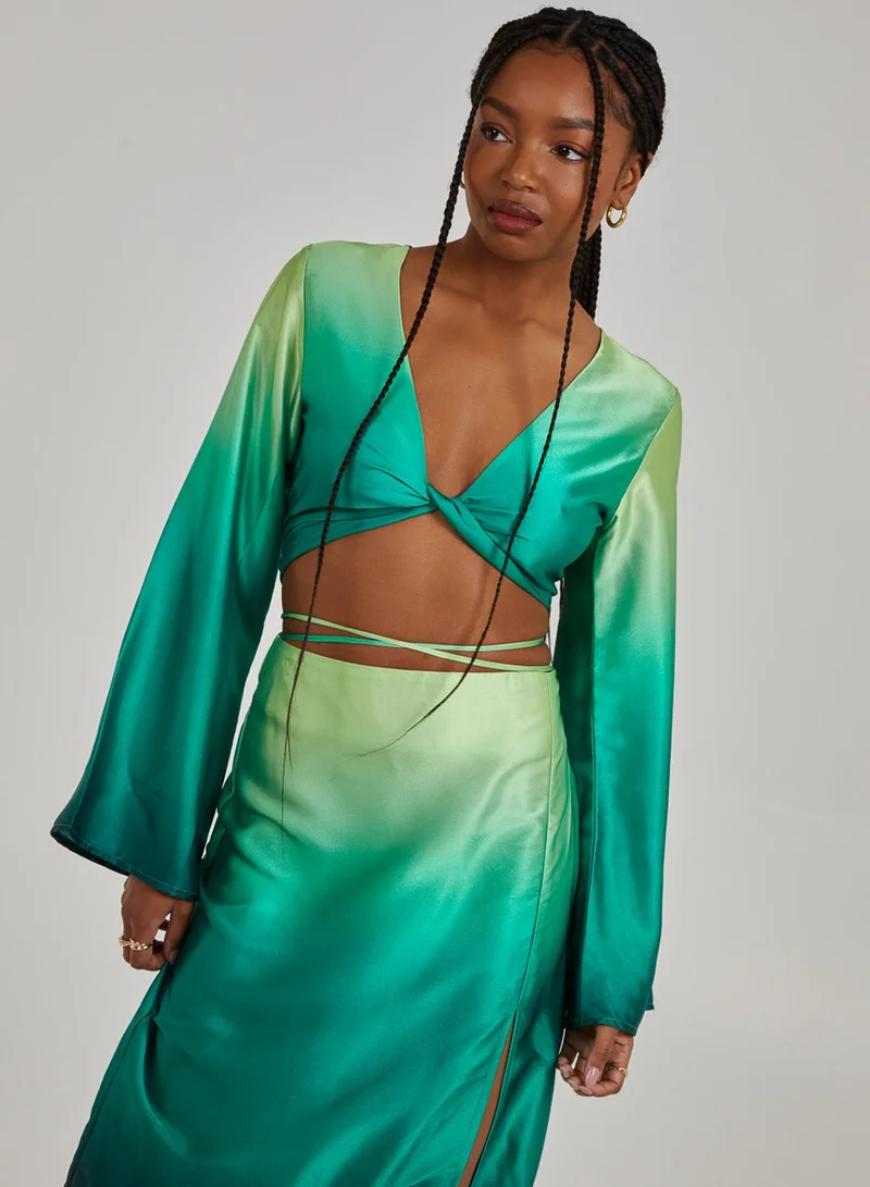 Pink Vanilla Twist Front Satin Long Sleeve Crop Top