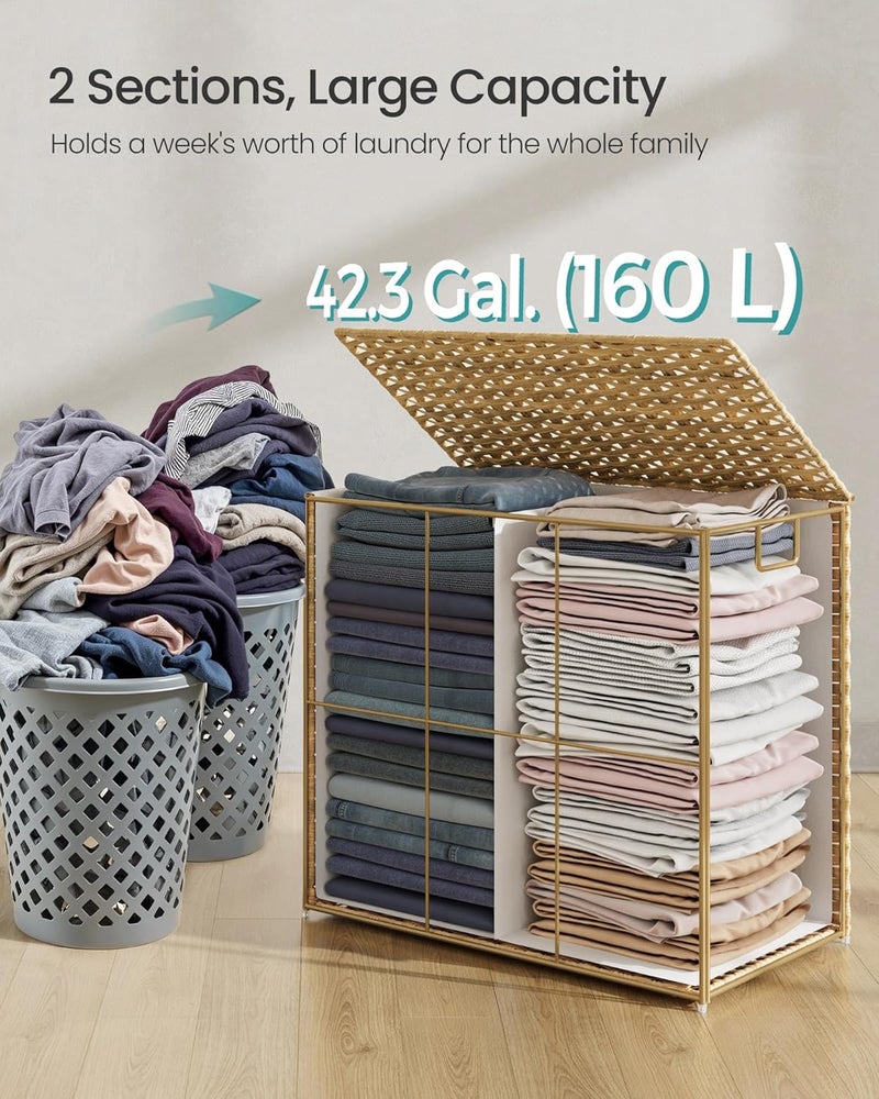 SONGMICS Laundry Hamper with Lid, 42.3 Gallon (160 L) Synthetic Rattan Clothes Laundry Basket with Lid and Handles, Foldable, Removable Liner, Natural Color - Image 5