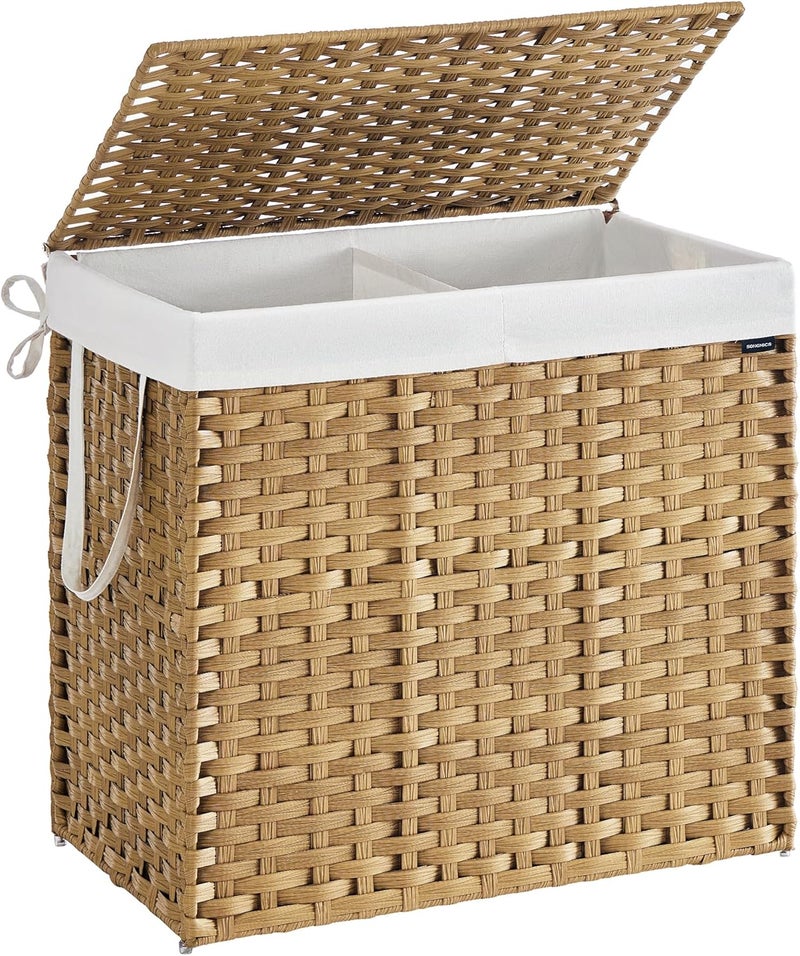 SONGMICS Laundry Hamper with Lid, 42.3 Gallon (160 L) Synthetic Rattan Clothes Laundry Basket with Lid and Handles, Foldable, Removable Liner, Natural Color - Image 1