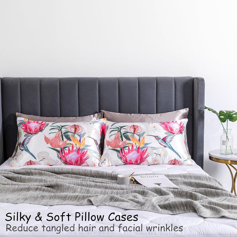 URLINENS غطاء وسادة من الساتان للشعر والبشرة، ناعم وبارد مشابه لأغطية الوسائد الحريرية عبوة من 2 مع إغلاق مغلف مقاس قياسي، هدايا للنساء (20×26 بوصة، طائر زهري) - Image 2