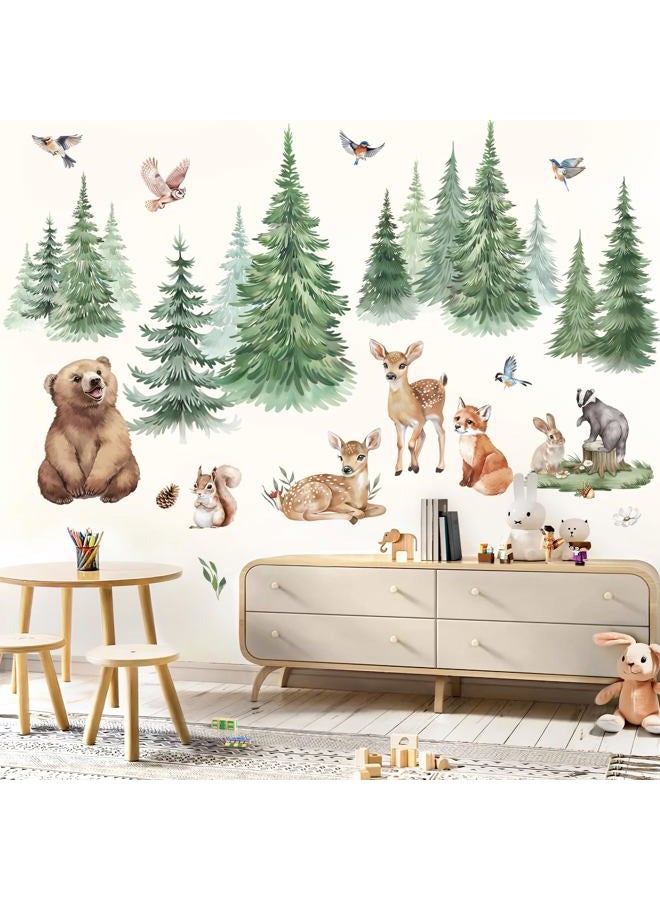 wondever Large Pine Tree Animals Wall Stickers Woodland Animal Bear Deer Fox Peel and Stick Wall Art Decals for Baby Nursery Kids Bedroom Living Room - Image 1