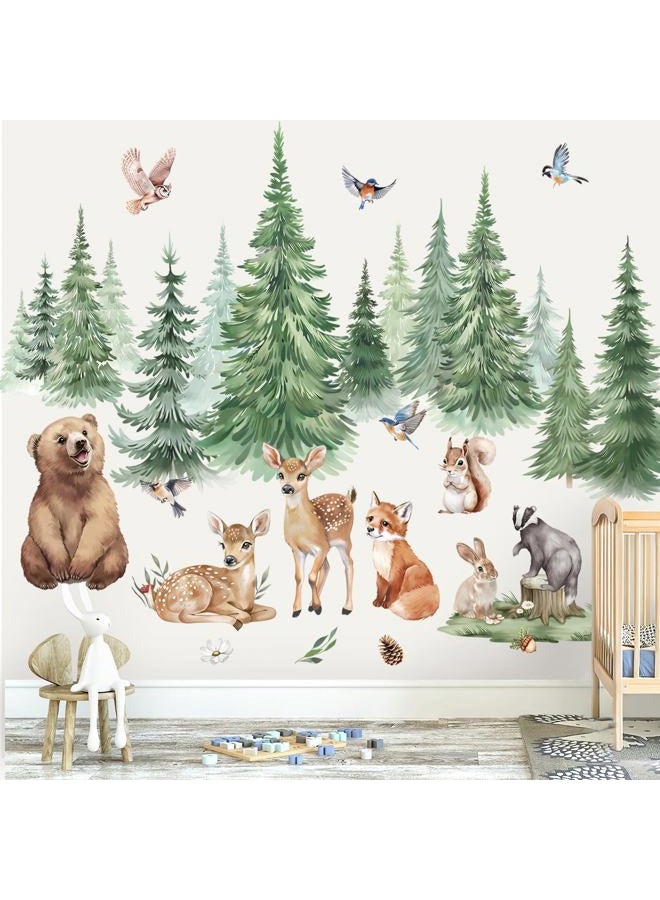 wondever Large Pine Tree Animals Wall Stickers Woodland Animal Bear Deer Fox Peel and Stick Wall Art Decals for Baby Nursery Kids Bedroom Living Room - Image 2
