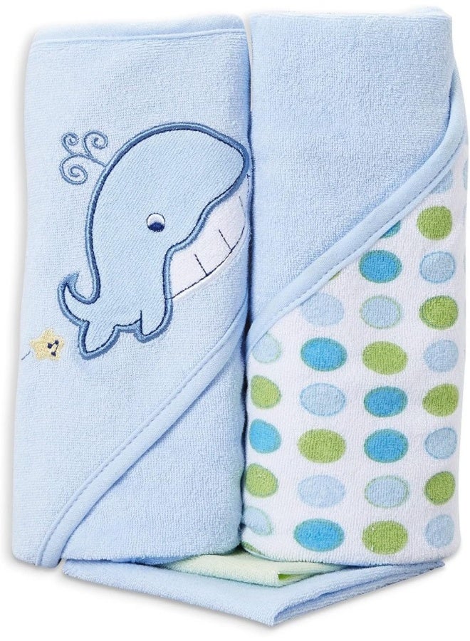 Spasilk Hooded Terry Bath Towel with Washcloths, Whale Blue, 2-Count - Image 1