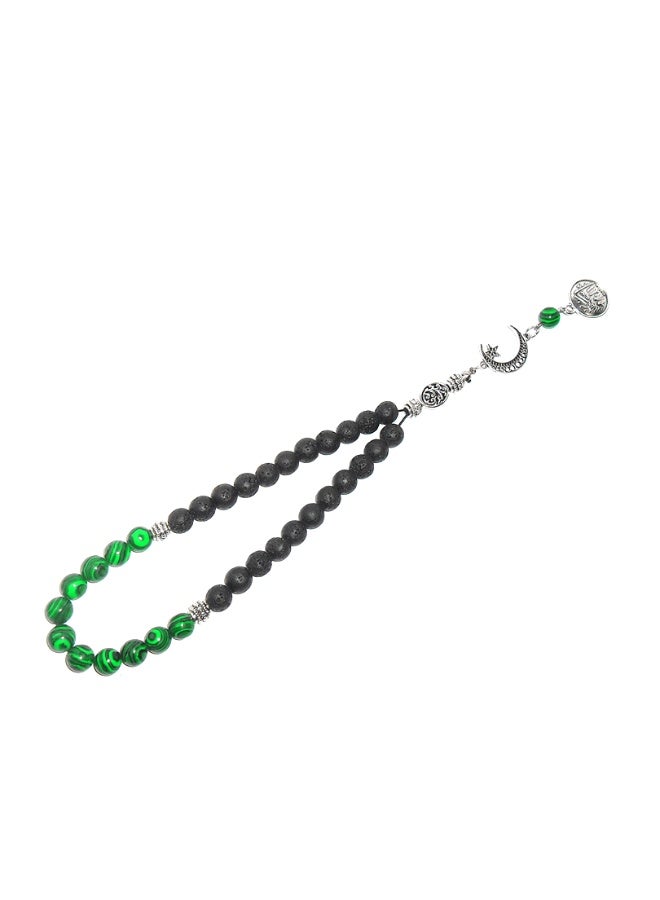 سبحة يدوية الصنع - 22 خرزة لافا سوداء و11 خرزة من الهالوايت والمالاكيت (8 ملم) مع كيس خيش هدية - 33 خرزة - Image 5