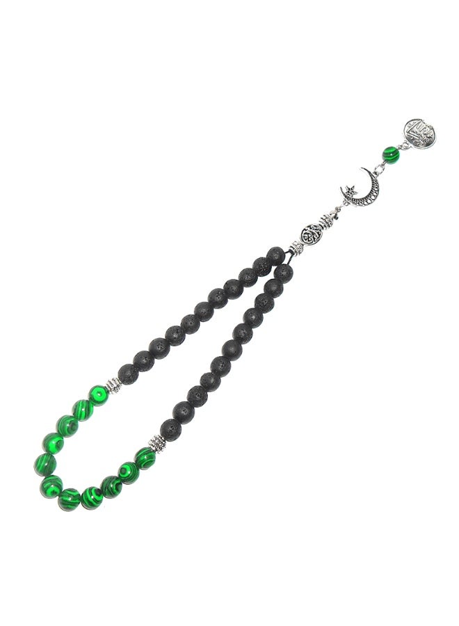 سبحة يدوية الصنع - 22 خرزة لافا سوداء و11 خرزة من الهالوايت والمالاكيت (8 ملم) مع كيس خيش هدية - 33 خرزة - Image 4