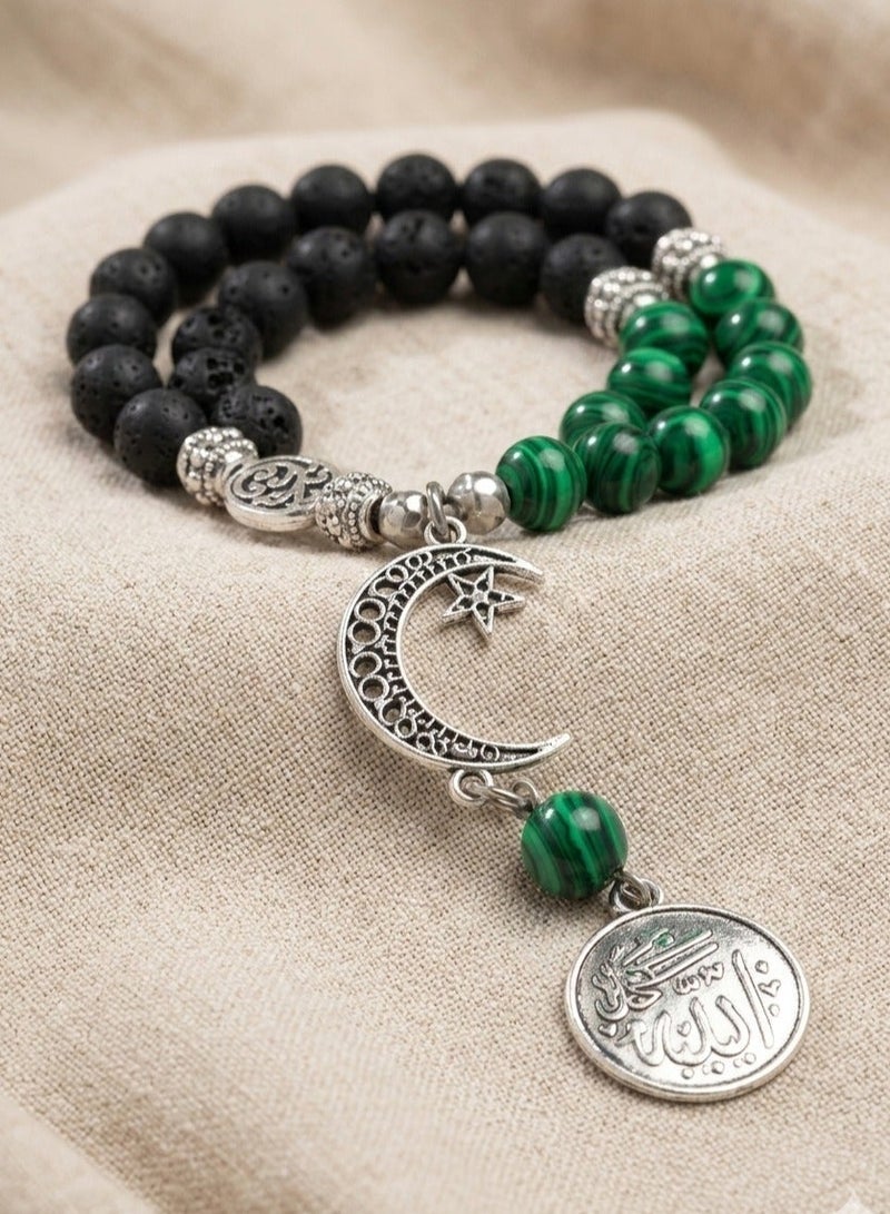 Handmade Rosary - Lava 22 Black & Agate 11 Howlite Malachite Beads (8mm) with Gift Jute Pouch - 33 Beads - Image 3