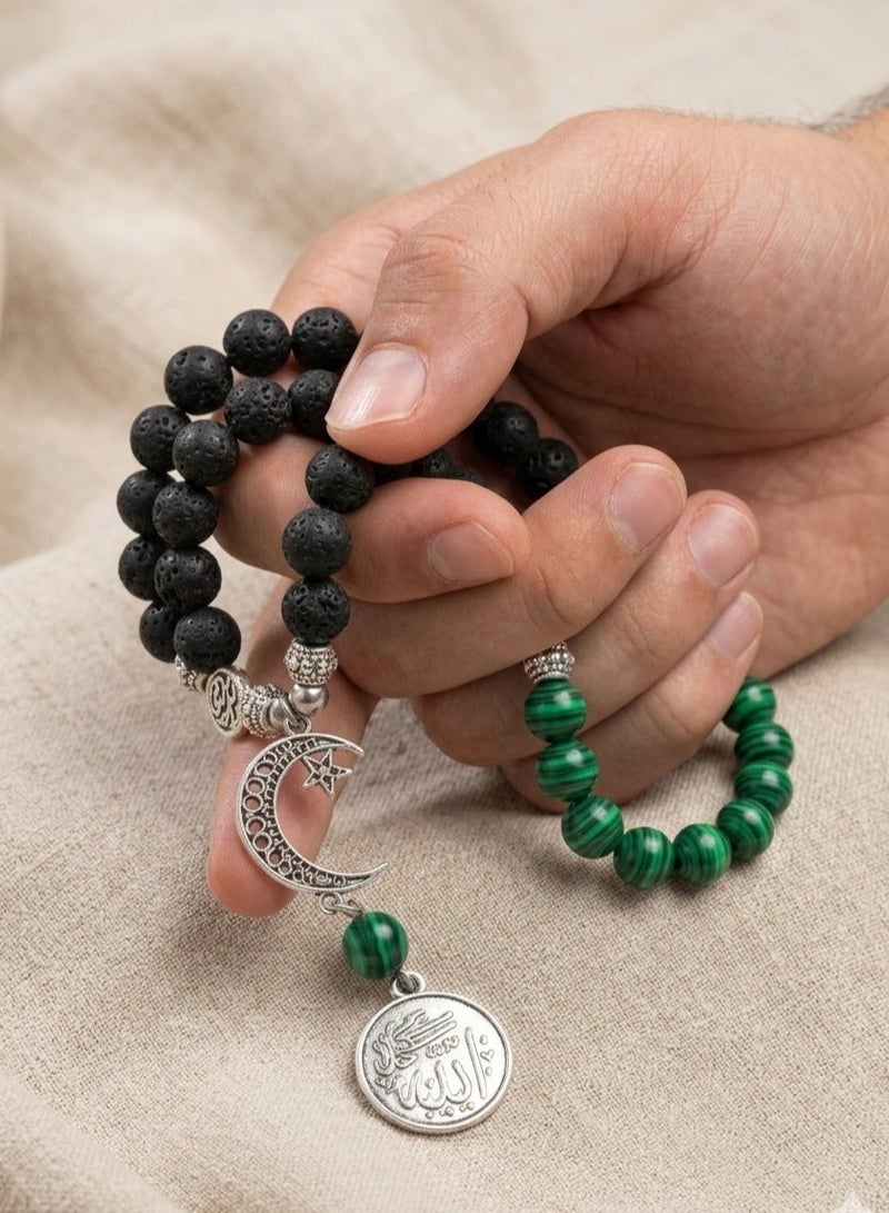 Handmade Rosary - Lava 22 Black & Agate 11 Howlite Malachite Beads (8mm) with Gift Jute Pouch - 33 Beads - Image 2