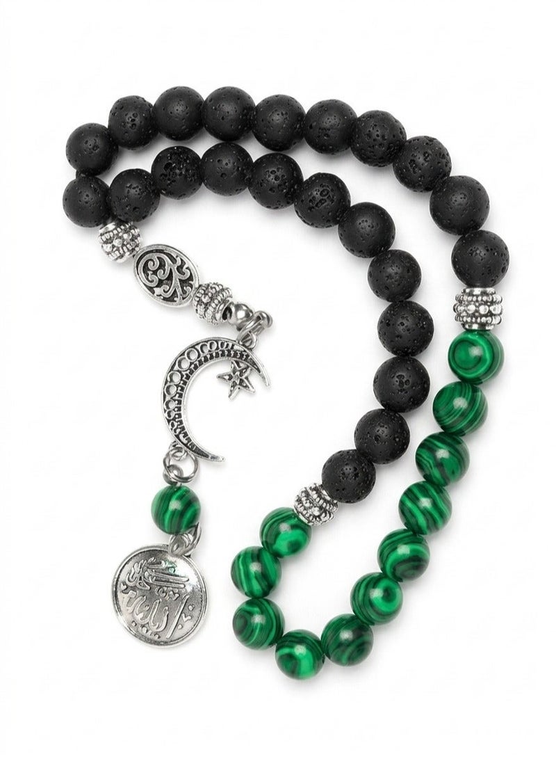 Handmade Rosary - Lava 22 Black & Agate 11 Howlite Malachite Beads (8mm) with Gift Jute Pouch - 33 Beads - Image 1