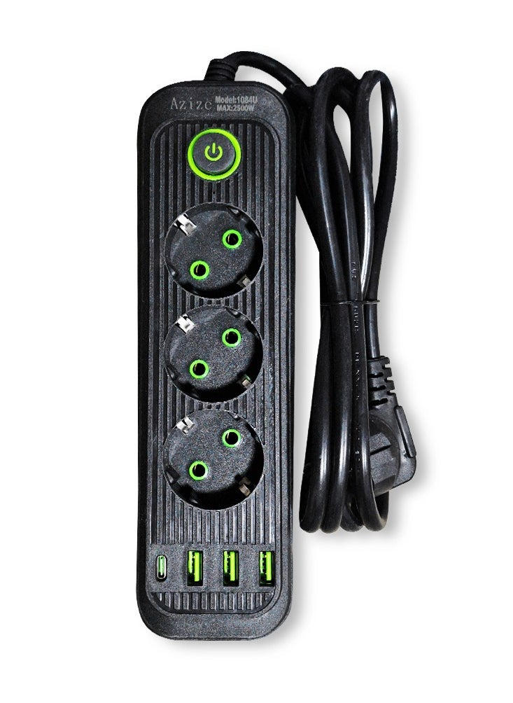 Generic Safety Electric Power Outlets Sockets 1084U  , Multi Power Strip Surge Protector With 3 Outlets 2500W , Fast Charging Power Plug Extension Socket with 2 USB Port and 1 Type-C - Black  - Image 1