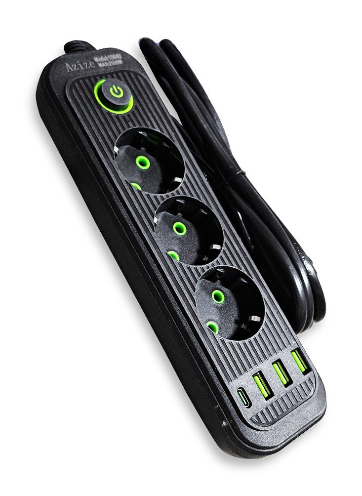 Generic Safety Electric Power Outlets Sockets 1084U  , Multi Power Strip Surge Protector With 3 Outlets 2500W , Fast Charging Power Plug Extension Socket with 2 USB Port and 1 Type-C - Black  - Image 2