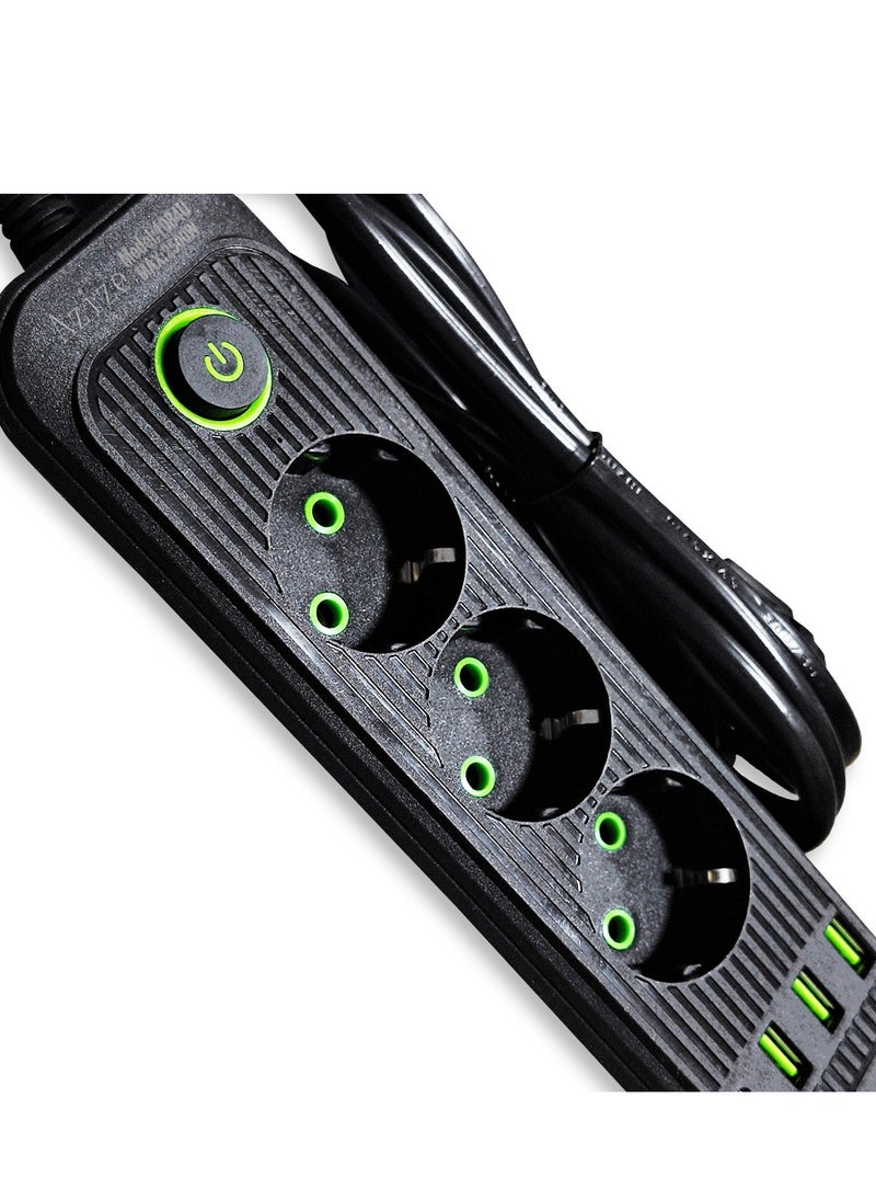Generic Safety Electric Power Outlets Sockets 1084U  , Multi Power Strip Surge Protector With 3 Outlets 2500W , Fast Charging Power Plug Extension Socket with 2 USB Port and 1 Type-C - Black  - Image 3