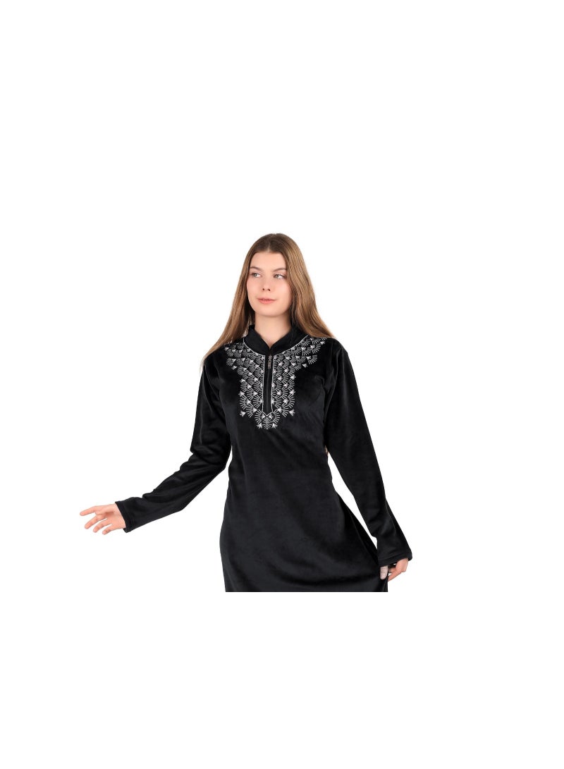 Dadoush Women's long nightgown with elegant embroidery, women's winter velvet abaya from Dadoush, modest maxi house dress for women - Image 2