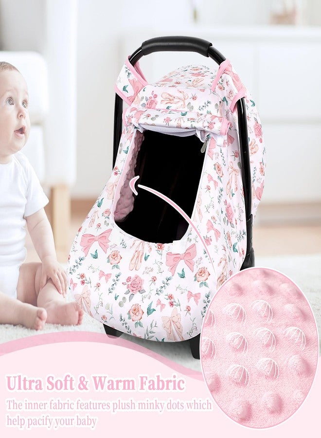 GFU Baby Car Seat Cover Winter, Windproof Carseat Covers for Newborn with 2 Layers Window, Pink Flowers Infant Car Seat Canopy for Girls with Minky Dot Backing, Keeps Babies Warm and Cozy - Image 2