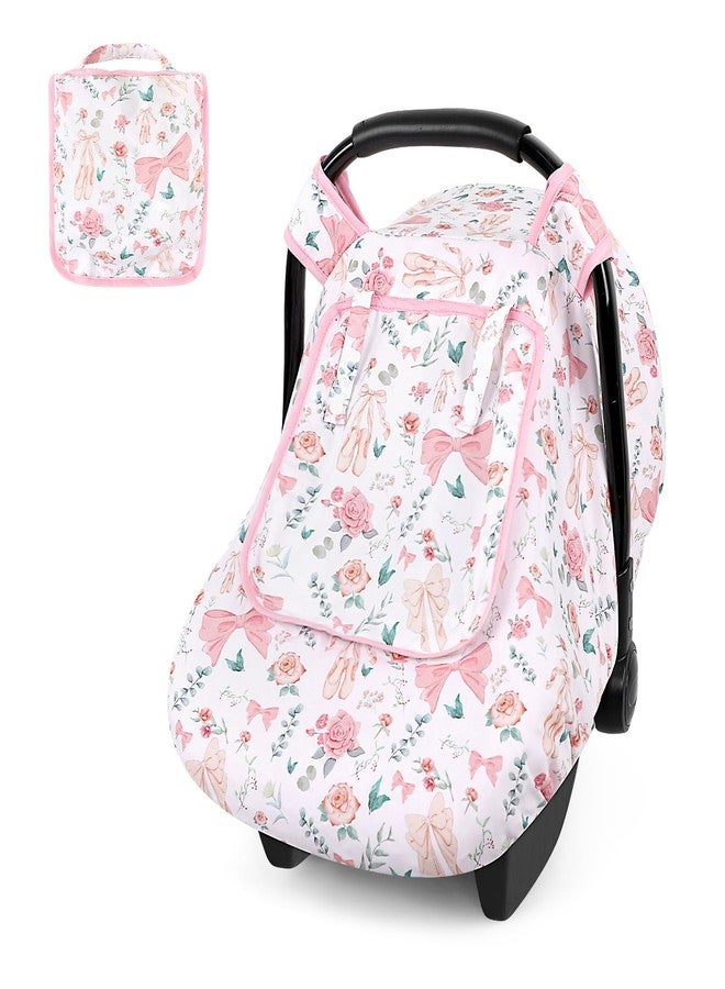 GFU Baby Car Seat Cover Winter, Windproof Carseat Covers for Newborn with 2 Layers Window, Pink Flowers Infant Car Seat Canopy for Girls with Minky Dot Backing, Keeps Babies Warm and Cozy - Image 1