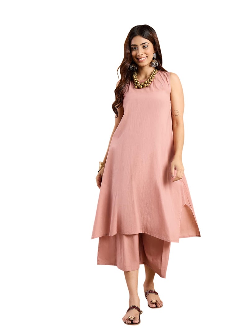 InWeave Women Rusty Pink Ardi Round Neck Kurta Set - Image 1
