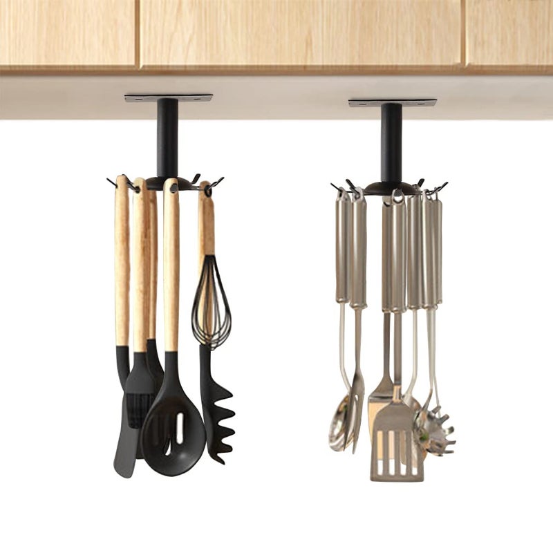 Aosome 2 Pcs Utensil Under Cabinet Holder 360Â° Rotating Stainless Steel Kitchen Utensil Holder Hangers 8-Hooks - Image 1