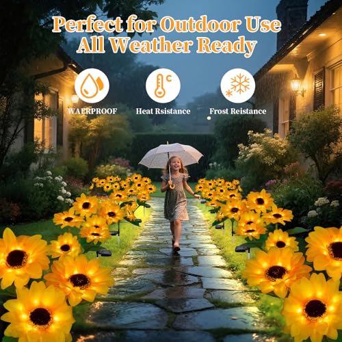 MMHF Outdoor Solar Garden Stake Lights,Upgraded LED Solar Powered Light with 3 Sunflower, Waterproof Solar Decorative Lights for Garden, Patio, Backyard (2 Pack 6 Flower) - Image 2