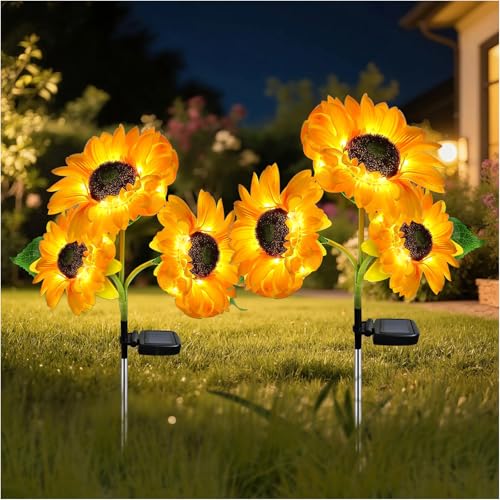 MMHF Outdoor Solar Garden Stake Lights,Upgraded LED Solar Powered Light with 3 Sunflower, Waterproof Solar Decorative Lights for Garden, Patio, Backyard (2 Pack 6 Flower) - Image 1