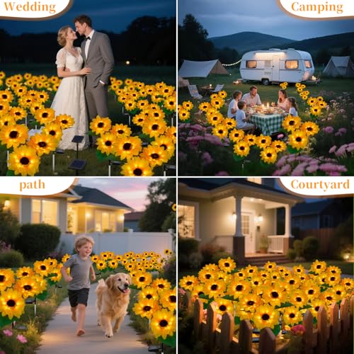 MMHF Outdoor Solar Garden Stake Lights,Upgraded LED Solar Powered Light with 3 Sunflower, Waterproof Solar Decorative Lights for Garden, Patio, Backyard (2 Pack 6 Flower) - Image 3
