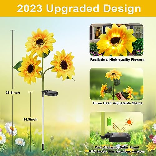 MMHF Outdoor Solar Garden Stake Lights,Upgraded LED Solar Powered Light with 3 Sunflower, Waterproof Solar Decorative Lights for Garden, Patio, Backyard (2 Pack 6 Flower) - Image 4