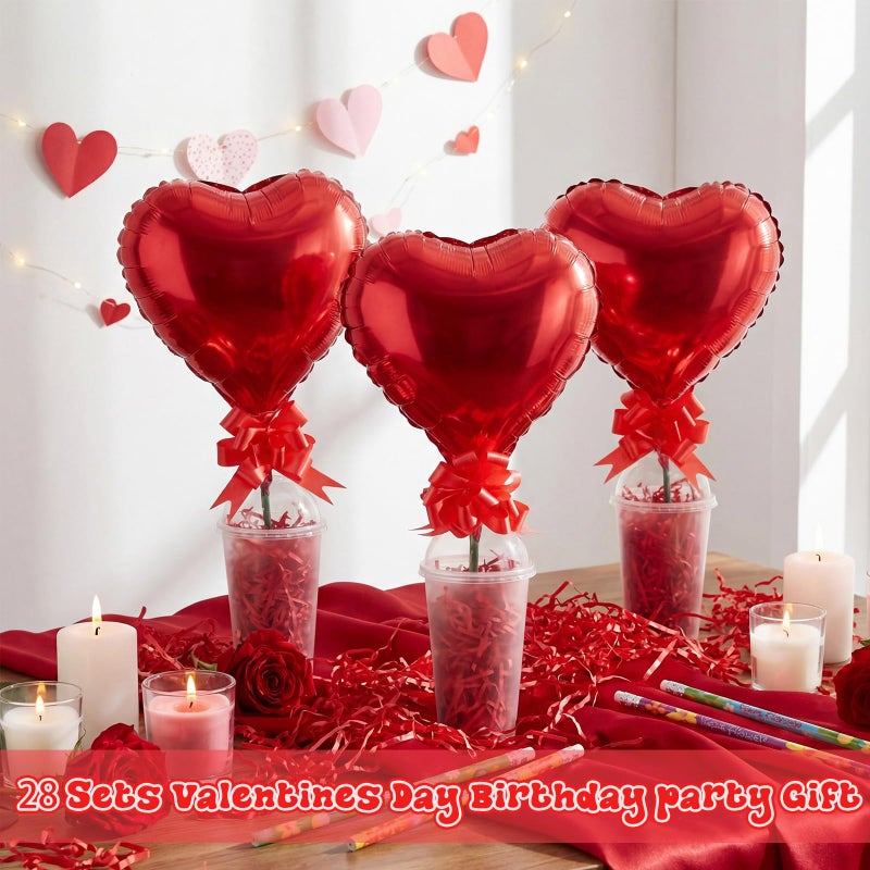 LaRandom 28 Sets Valentine's Day Stationery Return Gifts with Transparent Plastic Cups, Balloons, Bows, Raffia Grass and Pencils for Classroom Valentine's Exchange and School Party Favors(Heart) - Image 2