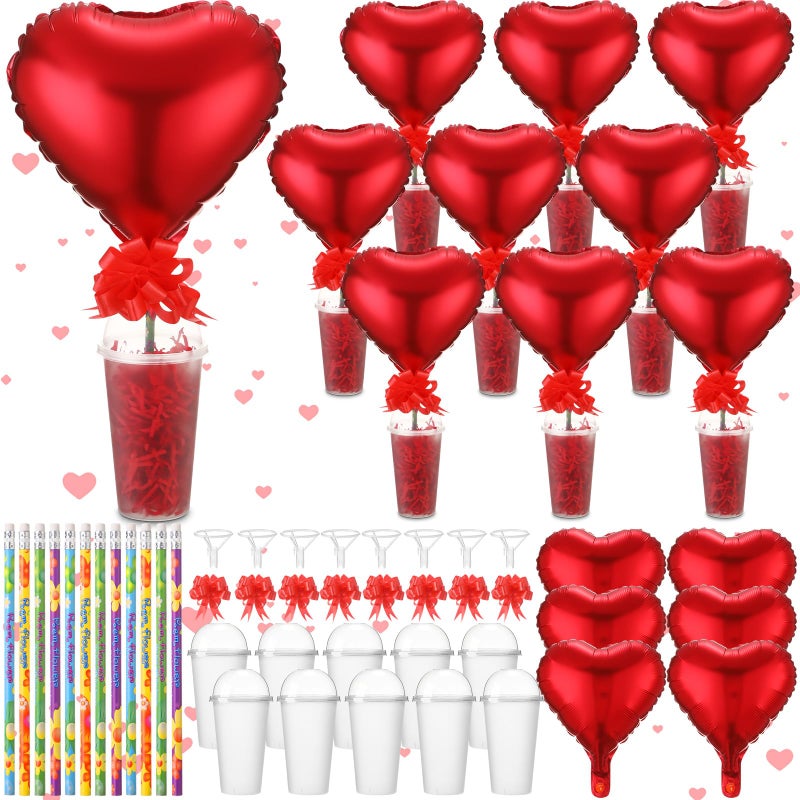 LaRandom 28 Sets Valentine's Day Stationery Return Gifts with Transparent Plastic Cups, Balloons, Bows, Raffia Grass and Pencils for Classroom Valentine's Exchange and School Party Favors(Heart) - Image 1