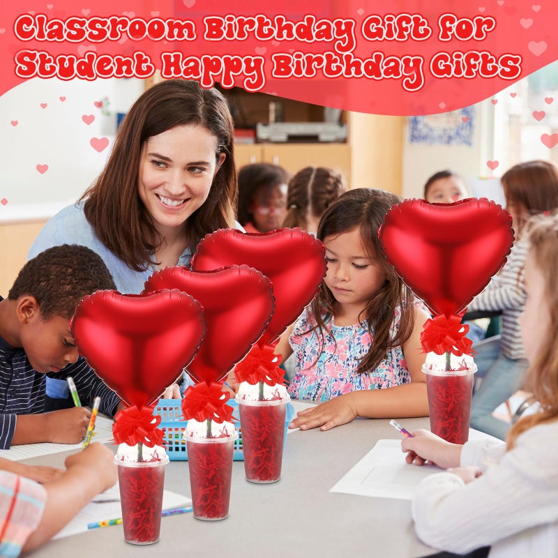 LaRandom 28 Sets Valentine's Day Stationery Return Gifts with Transparent Plastic Cups, Balloons, Bows, Raffia Grass and Pencils for Classroom Valentine's Exchange and School Party Favors(Heart) - Image 5