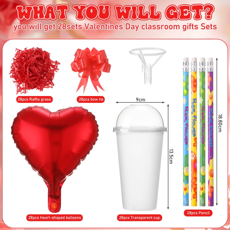 LaRandom 28 Sets Valentine's Day Stationery Return Gifts with Transparent Plastic Cups, Balloons, Bows, Raffia Grass and Pencils for Classroom Valentine's Exchange and School Party Favors(Heart) - Image 3