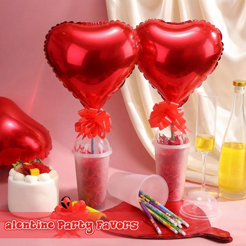 LaRandom 28 Sets Valentine's Day Stationery Return Gifts with Transparent Plastic Cups, Balloons, Bows, Raffia Grass and Pencils for Classroom Valentine's Exchange and School Party Favors(Heart) - Image 4