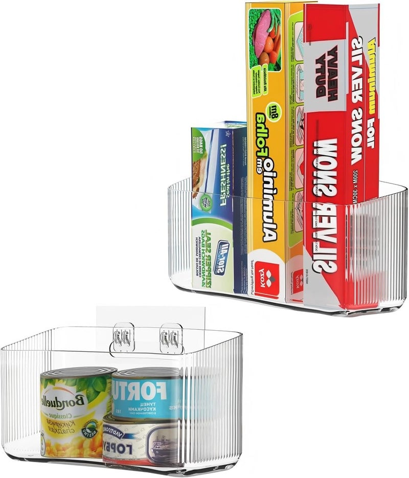 KASTWAVE 2 Pack Kitchen Door Storage Box, Cabinet Door Organizers Plastic Wrap Holders for Kitchen Organizers, No drilling Wall Door Mount Kitchen Wrap Rack for Foil Wrap, Cling Wrap, and Food Bags (Clear) - Image 1