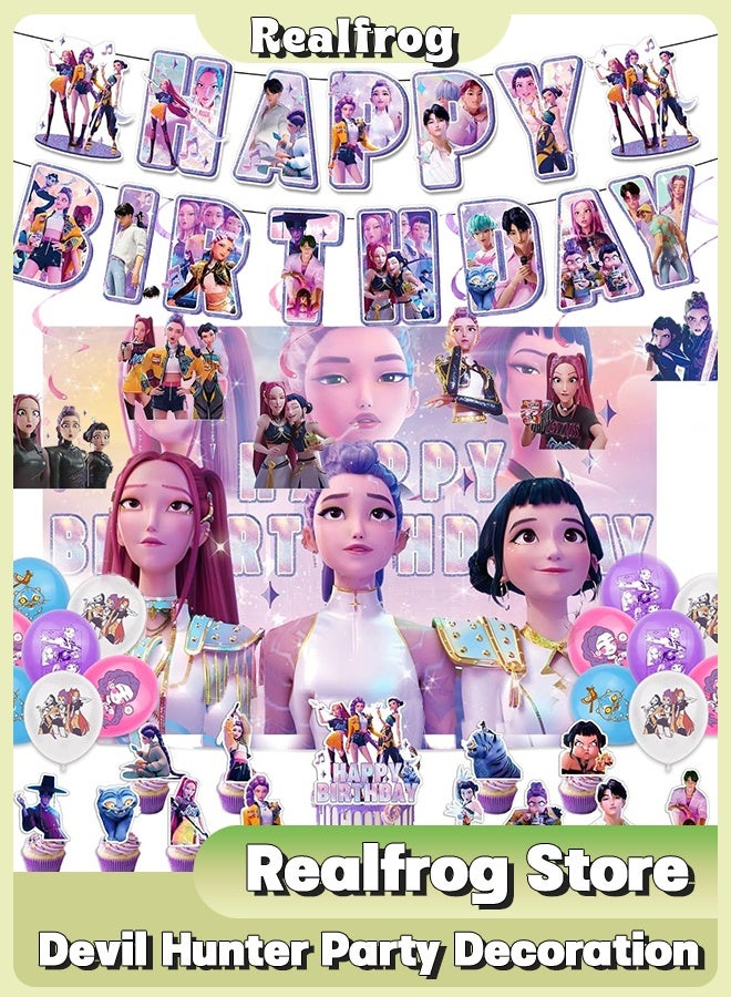 Realfrog Kpop Demon Hunter Birthday Decorations Huntrix Rumi Mira Zoey Jinu Saja Boys 37pcs Cake Topper Cupcake Toppers Banner Balloons Party Decorations Supplies for Kids Fans - Image 1