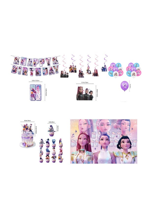 Realfrog Kpop Demon Hunter Birthday Decorations Huntrix Rumi Mira Zoey Jinu Saja Boys 37pcs Cake Topper Cupcake Toppers Banner Balloons Party Decorations Supplies for Kids Fans - Image 2