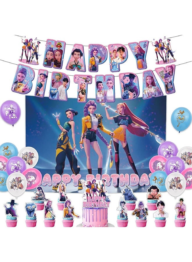 Realfrog Kpop Demon Hunter Birthday Decorations Huntrix Rumi Mira Zoey Jinu Saja Boys 37pcs Cake Topper Cupcake Toppers Banner Balloons Party Decorations Supplies for Kids Fans - Image 4