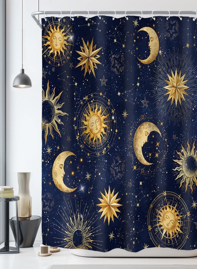 Riyidecor Celestial Sun and Moon Shower Curtain for Bathroom Decor 72Wx72H Navy Blue Whimsical Gold Star Galaxy Starry Night Sky Witchy Funny Kids Art Fabric Polyester Waterproof with Plastic Hooks - Image 1