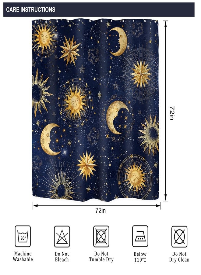 Riyidecor Celestial Sun and Moon Shower Curtain for Bathroom Decor 72Wx72H Navy Blue Whimsical Gold Star Galaxy Starry Night Sky Witchy Funny Kids Art Fabric Polyester Waterproof with Plastic Hooks - Image 5