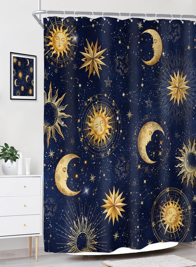 Riyidecor Celestial Sun and Moon Shower Curtain for Bathroom Decor 72Wx72H Navy Blue Whimsical Gold Star Galaxy Starry Night Sky Witchy Funny Kids Art Fabric Polyester Waterproof with Plastic Hooks - Image 3