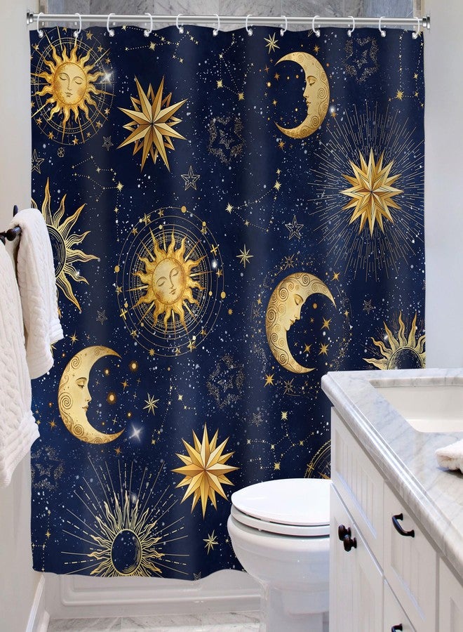 Riyidecor Celestial Sun and Moon Shower Curtain for Bathroom Decor 72Wx72H Navy Blue Whimsical Gold Star Galaxy Starry Night Sky Witchy Funny Kids Art Fabric Polyester Waterproof with Plastic Hooks - Image 4