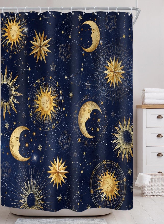 Riyidecor Celestial Sun and Moon Shower Curtain for Bathroom Decor 72Wx72H Navy Blue Whimsical Gold Star Galaxy Starry Night Sky Witchy Funny Kids Art Fabric Polyester Waterproof with Plastic Hooks - Image 2