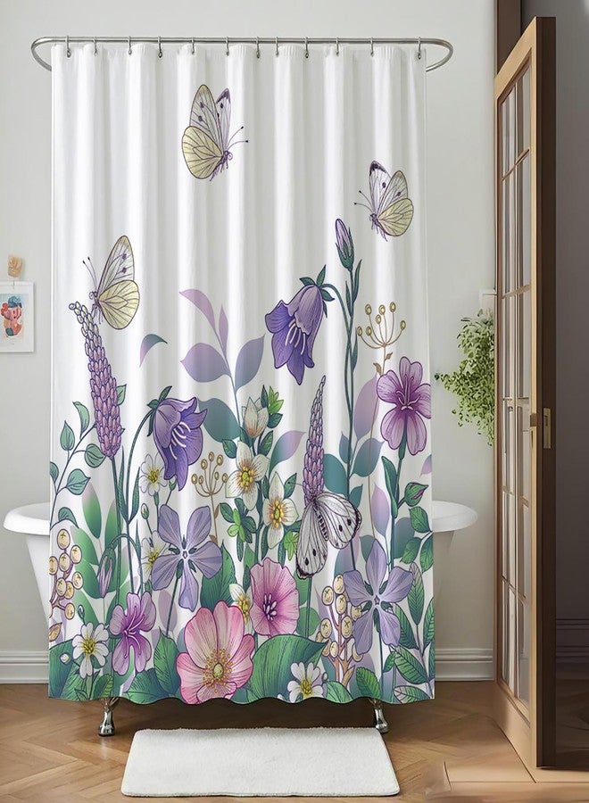 BECAN Spring Shower Curtain, Purple Pink Flower Butterfly Spring Floral Polyester Fabric Thicken Brighten Up Your Bathroom Shower Curtain 72X72Inches - Image 2