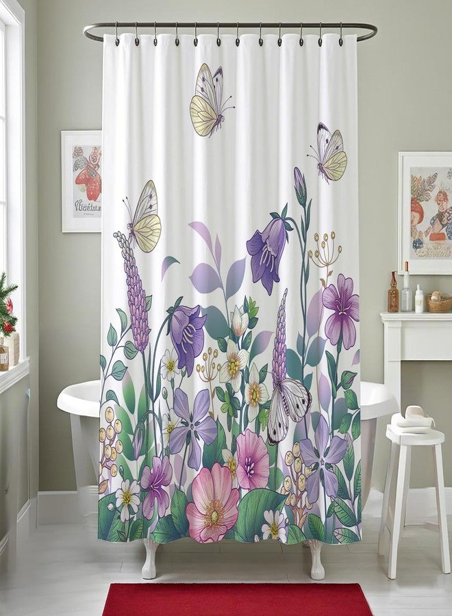 BECAN Spring Shower Curtain, Purple Pink Flower Butterfly Spring Floral Polyester Fabric Thicken Brighten Up Your Bathroom Shower Curtain 72X72Inches - Image 1