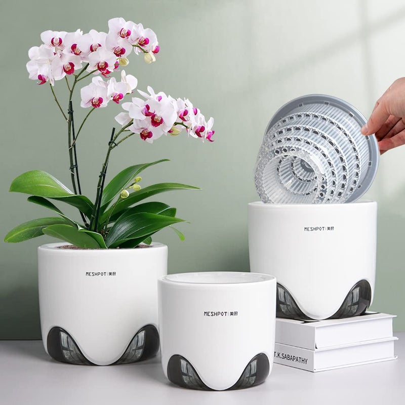 Meshpot 5 inch Orchid Pots with Holes for Repotting with Excellent Airflow, Set of 1, Double Layer Plastic Imitate Ceramic Orchid Planter, Clear Orchid Pot Match Decorative Orchid Container - Image 1