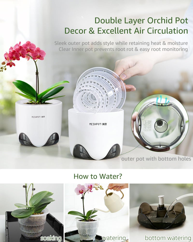 Meshpot 5 inch Orchid Pots with Holes for Repotting with Excellent Airflow, Set of 1, Double Layer Plastic Imitate Ceramic Orchid Planter, Clear Orchid Pot Match Decorative Orchid Container - Image 2