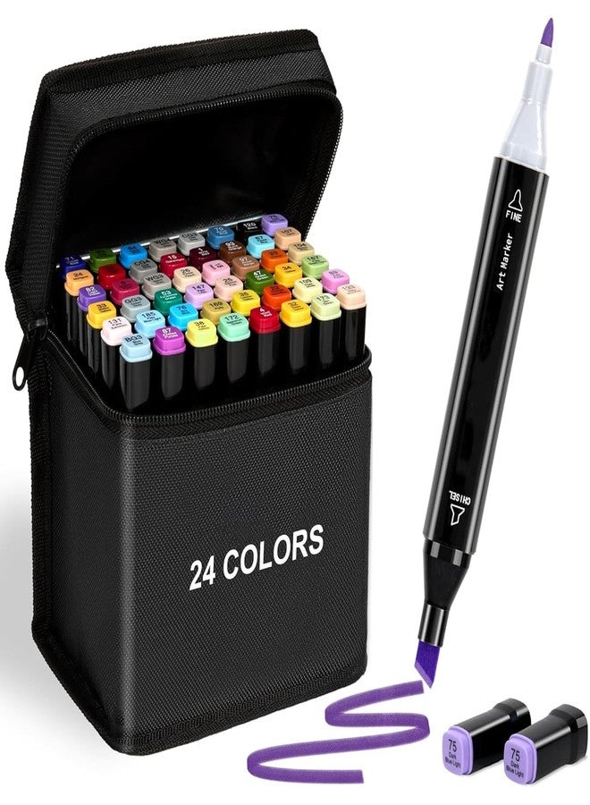 Brille Bee Dual Tip Colorful Art Markers Sketch Pens 24 Colors With Carrying Case For Painting Sketching Calligraphy Drawing -Twin Head Permanent Colouring Marker Pens For Kids Adult, Multicolor (24 Colour Pen) - Image 1