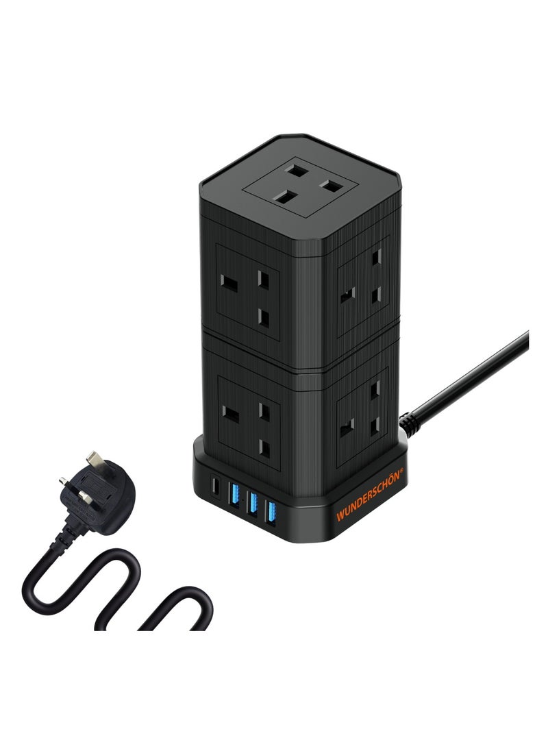 WUNDERSCHÖN - WUNEDRSCHÖN | Cube Power Strip _9 UK Outlets and Plug _ Power Extension 200 CM Cable Length _ Charging Ports 3 USB Type A - 1 USB Type C _ Fire Resistant _ Surge Protection (2 Layers, Black) - Image 1