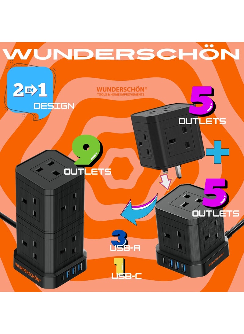WUNDERSCHÖN - WUNEDRSCHÖN | Cube Power Strip _9 UK Outlets and Plug _ Power Extension 200 CM Cable Length _ Charging Ports 3 USB Type A - 1 USB Type C _ Fire Resistant _ Surge Protection (2 Layers, Black) - Image 1