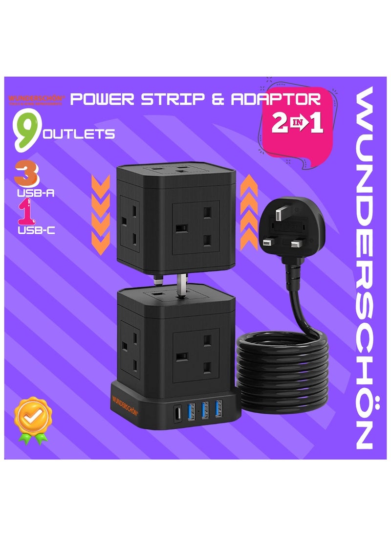 WUNDERSCHÖN - WUNEDRSCHÖN | Cube Power Strip _9 UK Outlets and Plug _ Power Extension 200 CM Cable Length _ Charging Ports 3 USB Type A - 1 USB Type C _ Fire Resistant _ Surge Protection (2 Layers, Black) - Image 1