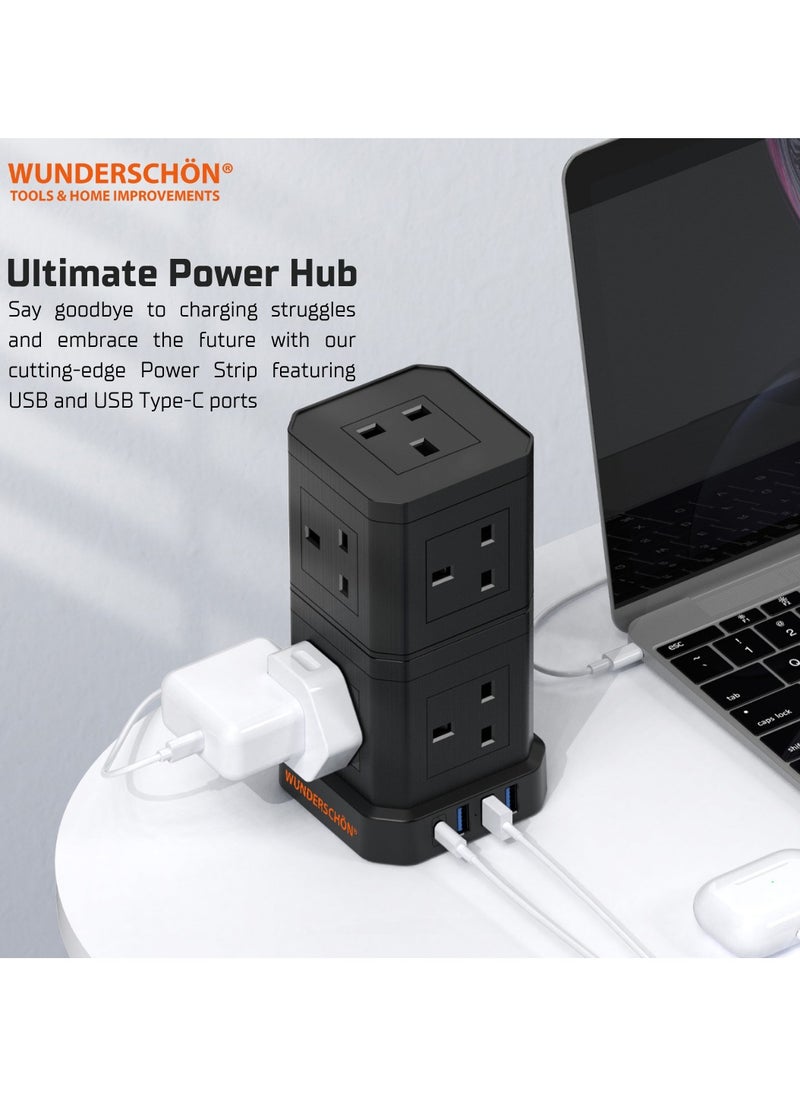 WUNDERSCHÖN - WUNEDRSCHÖN | Cube Power Strip _9 UK Outlets and Plug _ Power Extension 200 CM Cable Length _ Charging Ports 3 USB Type A - 1 USB Type C _ Fire Resistant _ Surge Protection (2 Layers, Black) - Image 1